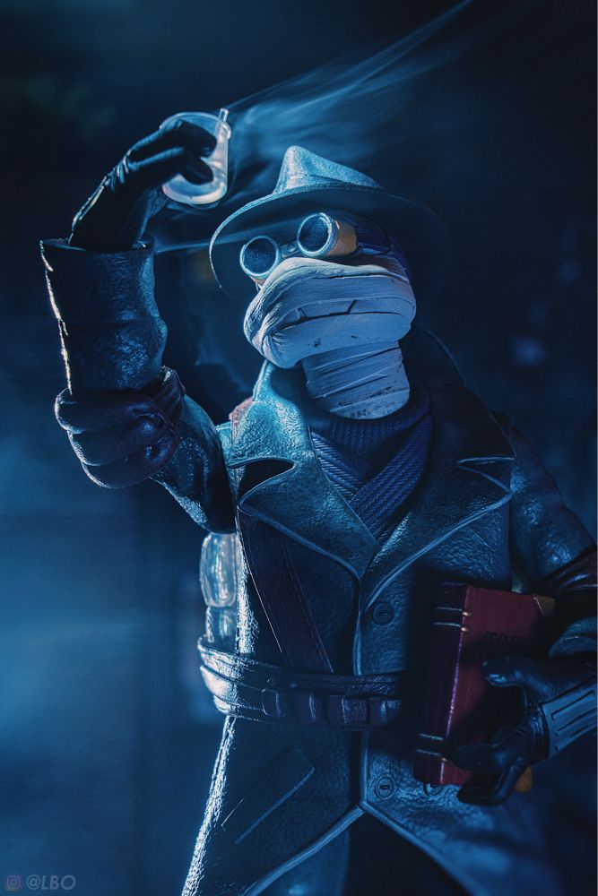 TMNT’s Donatello Universal Monsters version, holding and looking at a smoking potion in his hand.