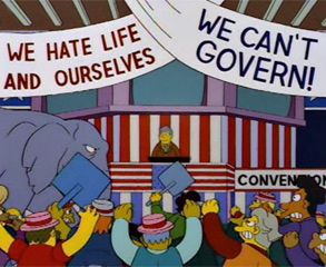 Simpsons meme showing the Democrats with posters saying “we can’t govern” and “we hate life and ourselves”