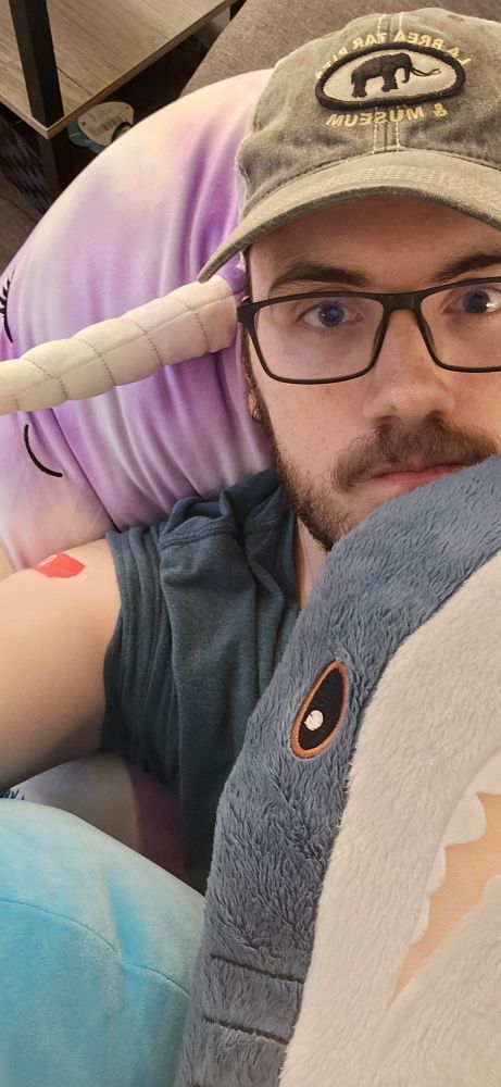 me with my plushies on my couch. I have a Walgreens bandaid on my should where I got my shots.