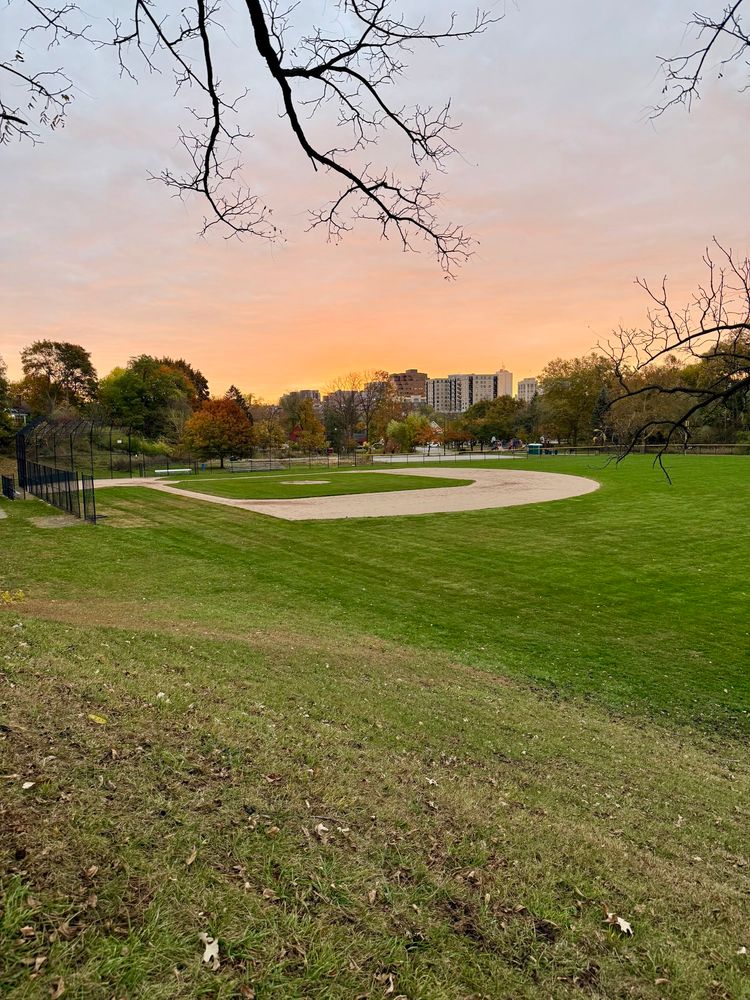 Sunrise over a park with a baseball diamond and Ann Arbor skyline in the distance
