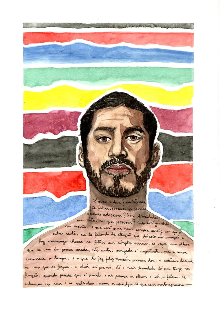 Aquarela realizada por João de Abreu; Um papel retangular com bordas brandas; A aquarela é do artista Criolo "encarando a câmera" e sem camisa. Ele está com a barba "por fazer", com o cabelo curto e com a feição séria; O fundo é composto por diversas ondas horizontais nas cores amarela, vermelha, preta, vinho, verde e azul.