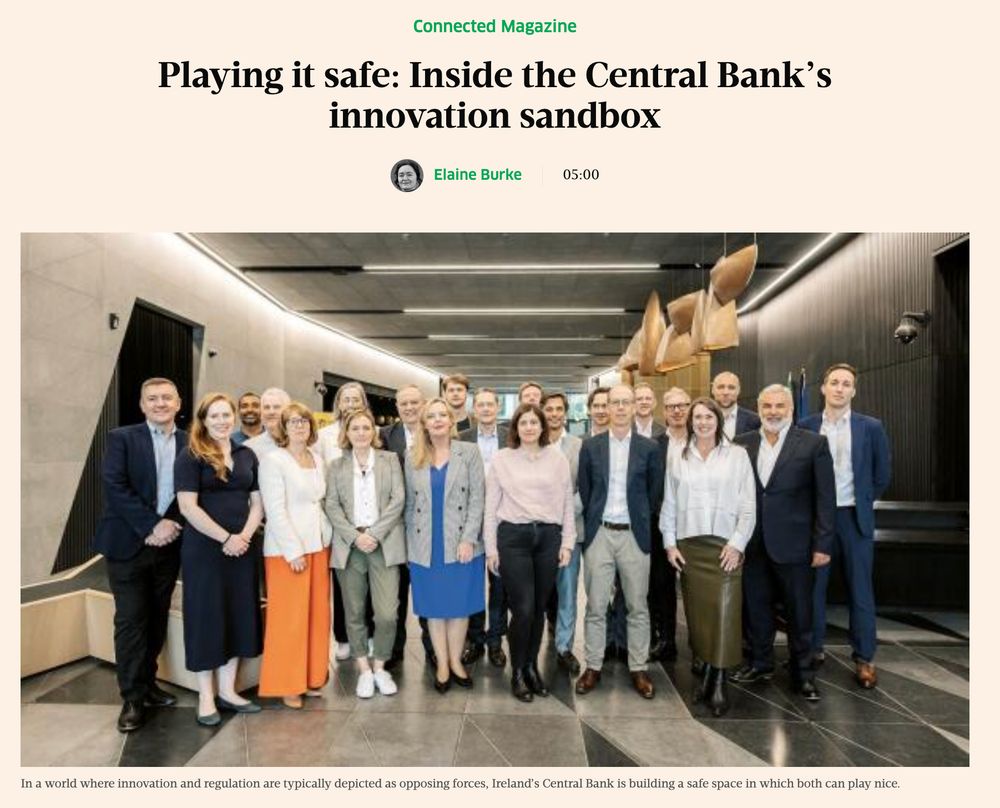 An article authored by Elaine Burke with the headline: "Playing it safe: Inside the Central Bank's innovation sandbox." The lead image depicts a large group of people posing together in the Central Bank's foyer.