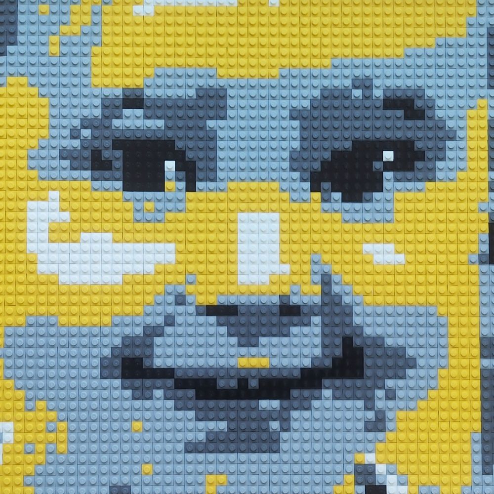 Allegro portraits flat pixelated made of black light gray dark gray and white one by one Lego bricks is a portrait of a young girl 