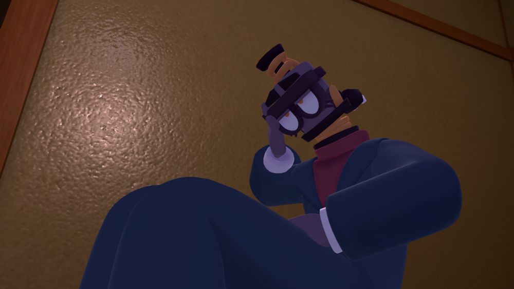 Circa sitting on the floor with her hand on her head, looking disgruntled.