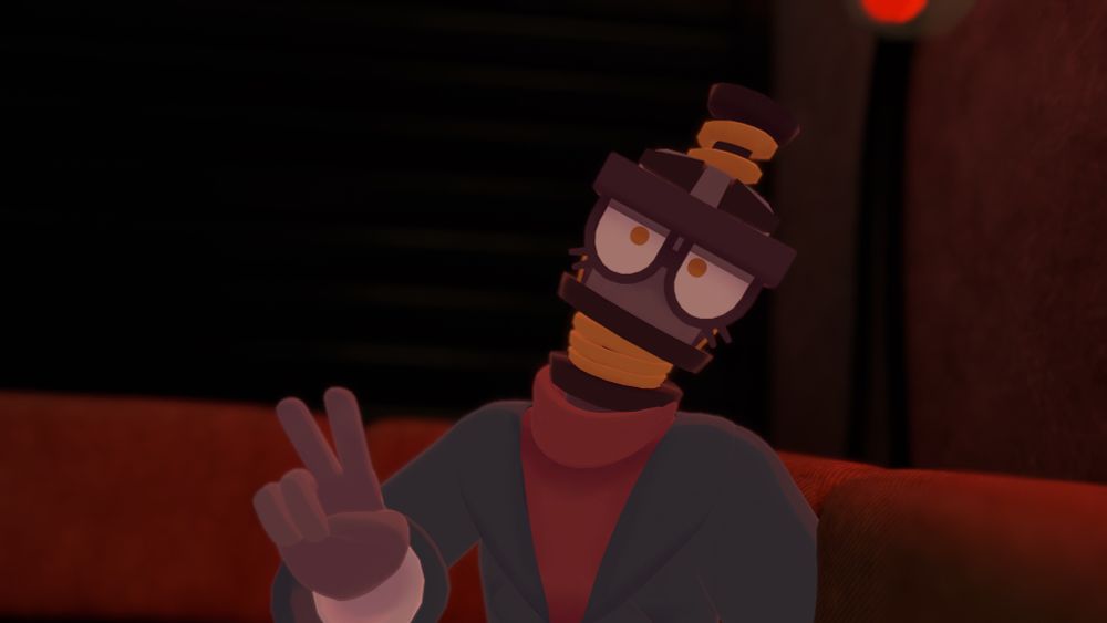 Circa giving a peace sign to the viewer with a slightly tired but relaxed expression.