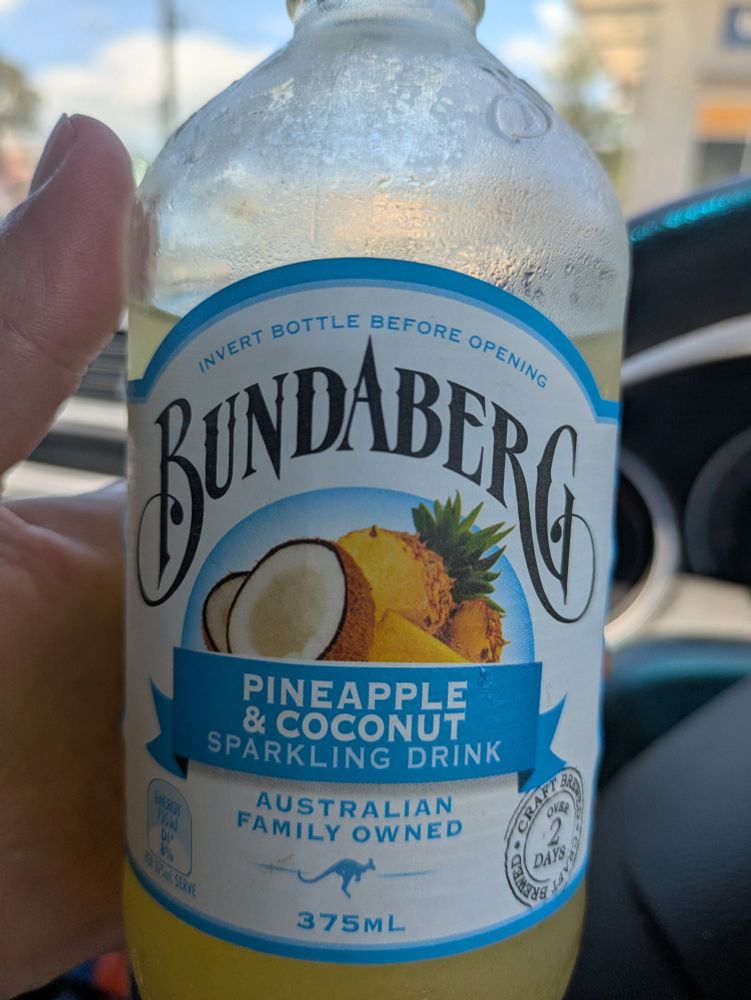 Bottle of Bunderberg pineapple and coconut flavoured fizzy drink