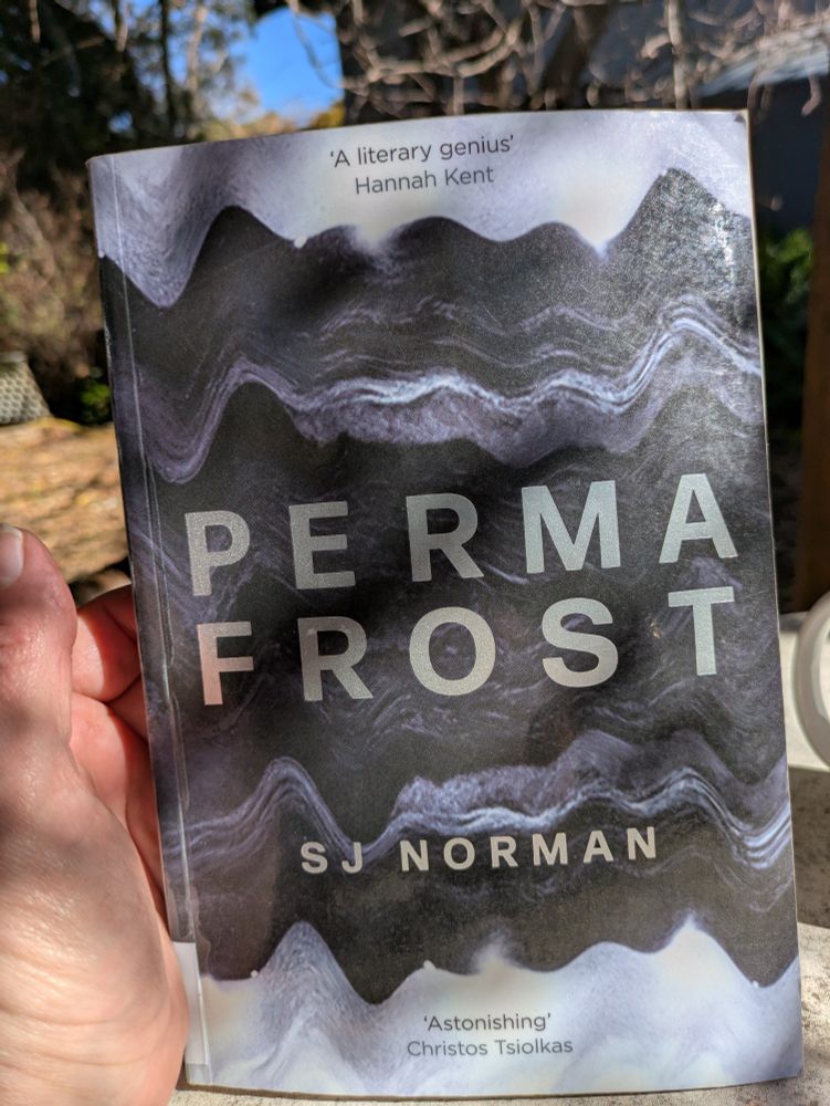 Hand holding up a book, grey-blue waves PERMA FROST SJ Norman