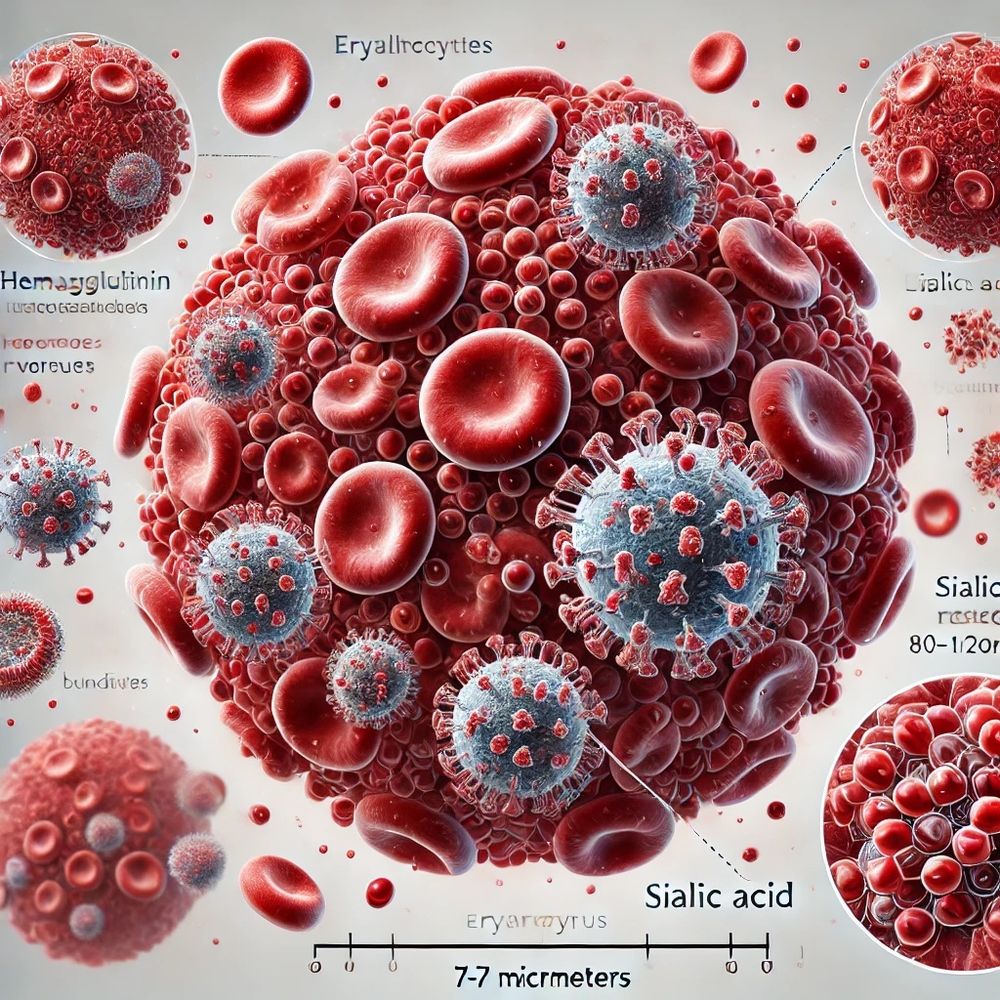 ChatGPT prompt: Create a scientifically inspired, detailed illustration that shows how erythrocytes (red blood cells) are cross-linked by influenza viruses. The influenza viruses should bind clearly recognizable to the surface of the erythrocytes and connect them to form networks or aggregates. The representation should have realistic proportions: Erythrocytes with a diameter of about 7-8 micrometers and influenza viruses with a size of about 80-120 nanometers.

The viral surface protein haemagglutinin should be stylized and labeled. In addition, sialic acid binding sites on the erythrocyte membranes should be visible to illustrate the interaction between virus and cell. Use high-contrast colors to better distinguish the structures. The illustration should have a high level of detail, comparable to a textbook-like scientific illustration. Optionally, a scale in micrometers/nanometers can be integrated
