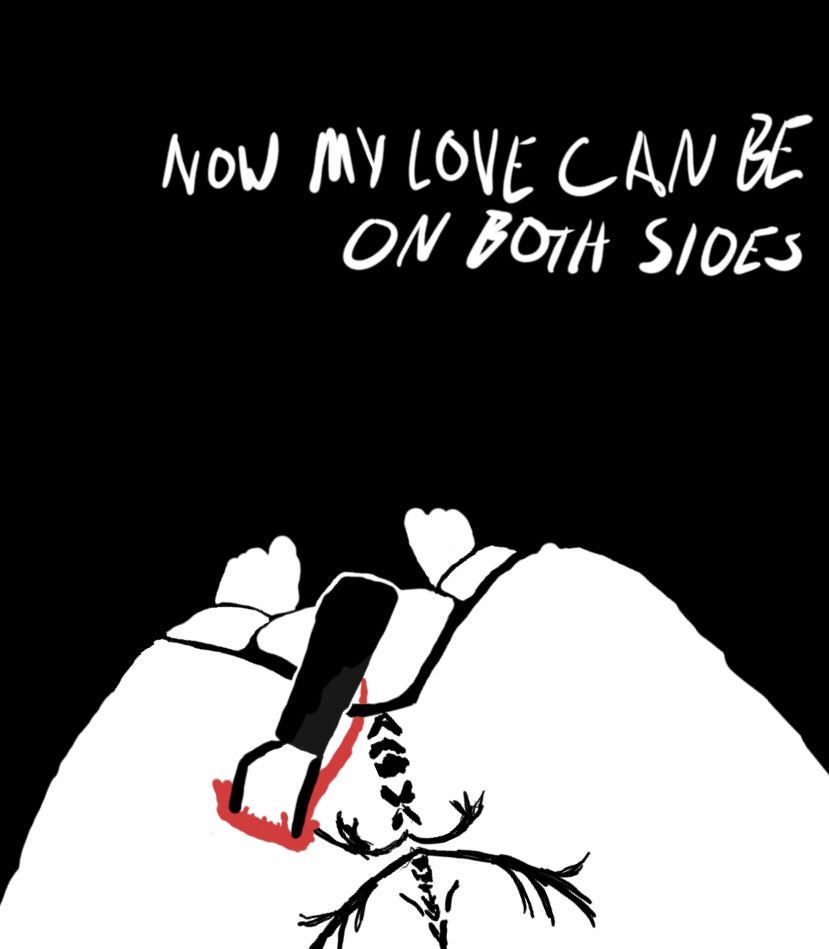 Digital art depicting a stylistic first person view of a naked feminine body in black and white, except the blood running down from a knife struck into the chest. Text reads: “now my love can be on both sides”.