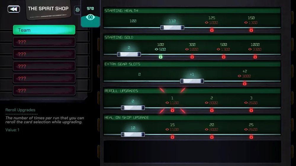 A screenshot of THE SPIRIT SHOP that unlocks upgrades in the ghost-punk rogue-like deck builder haunted hotel crawler, THE SPIRIT LIFT from prettysmart games 