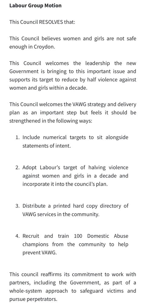 Croydon council commits to providing numerical targets, including halving violence against women and girls in a decade. The council commits to distributing paper copies of VAWG services in the community and recruiting and training 100 domestic abuse champions.