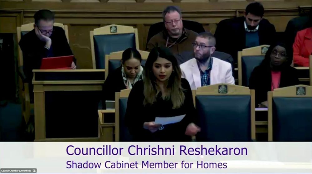 Councillor Chrishni Reshekaron, shadow cabinet member for homes speaking at the council meeting 