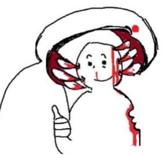 doodled reaction image: a person biting someone else’s entire head with a comically stretched jaw and pointed teeth with gums showing and beady red eyes. the person being bitten has a bitten through chunk of their arm gone, but they look outward with a weary smile and a thumbs-up.