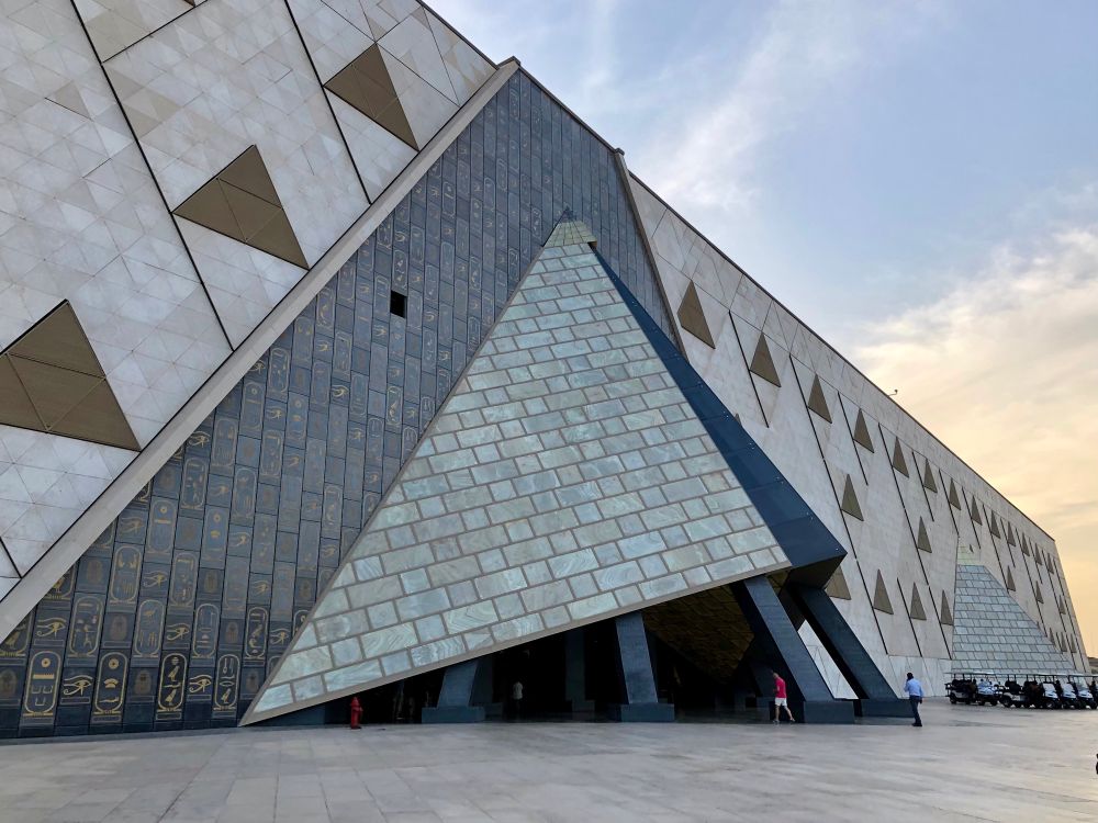 Exterior of extraordinary Grand Egyptian Museum with many triangular design features