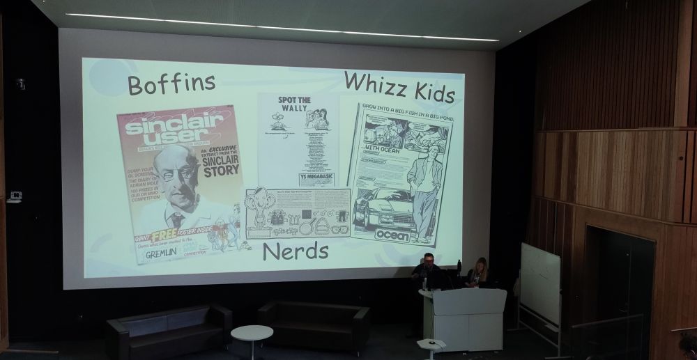 A picture of an academic presentation, featuring images from magazines labelled Boffins, Nerds and Whiz Kids