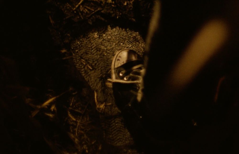 A still from the film showing a foot stepping in a comically large footprint in a muddy field