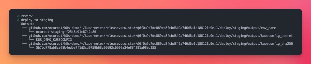 A terminal screenshot showing a deployment to staging with a tree of output names and their values