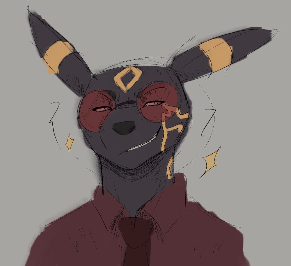 This image features Pyrite, an umbreon with a striking gold mark resembling lightning on one cheek. He wears large red glasses with a matching dress shirt and tie. He is smirking while looking off to his left. 