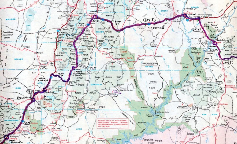 Map showing riding days in Utah on Computing Across America adventure, 1984