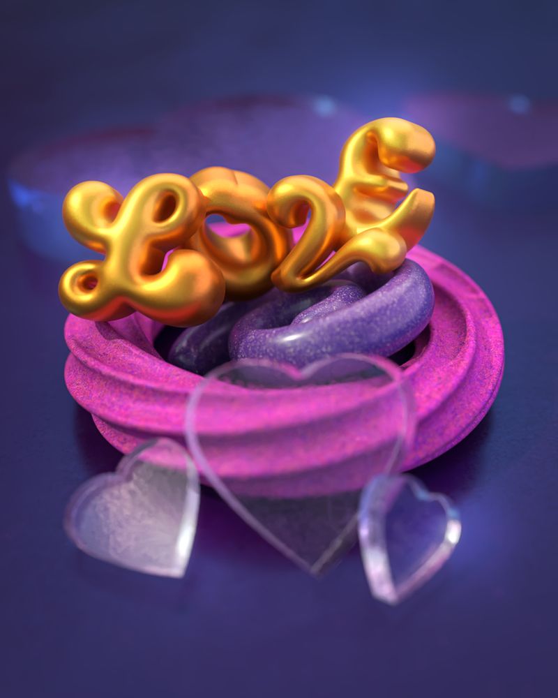 A golden "LOVE" arranged with glass hearts and abstract 3d shapes.