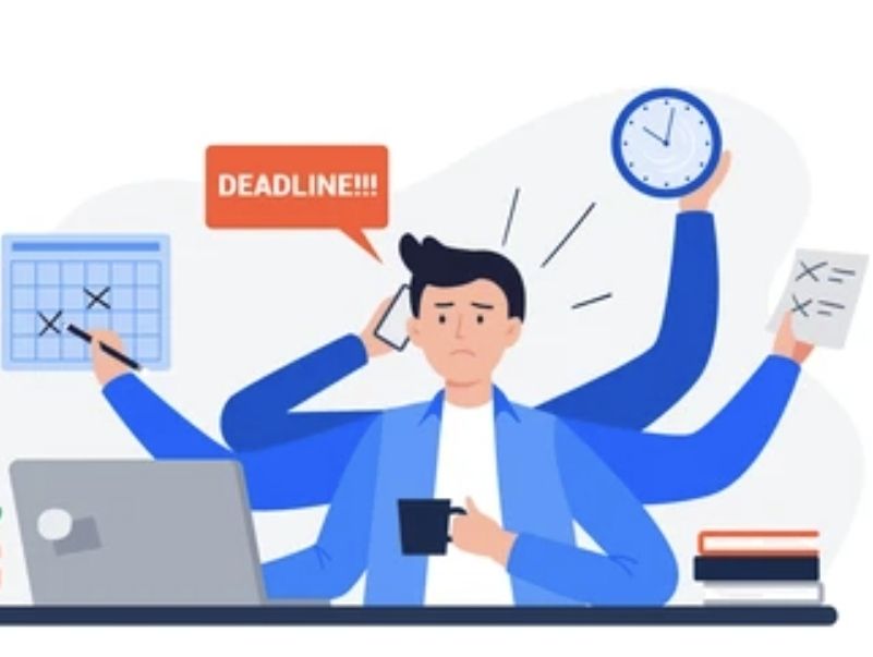 Office worker juggling tasks using 6 arms