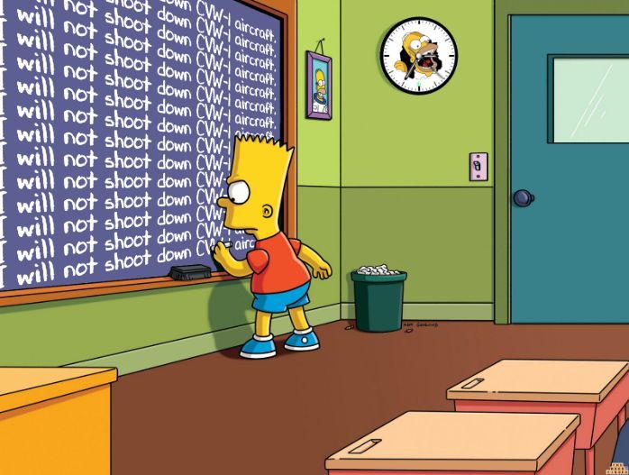 Bart Simpson at the chalkboard, writing "I will not shoot down CVW-1 aircraft" multiple times.
