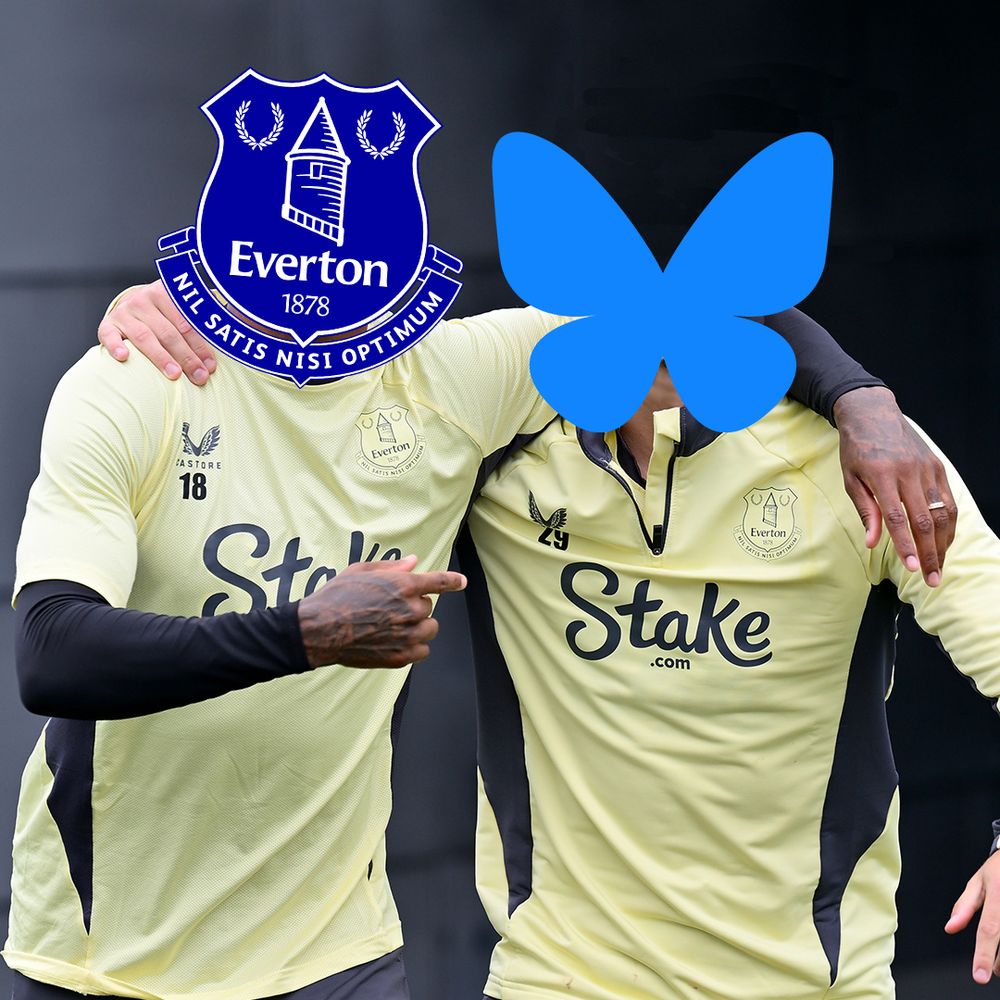 An Everton player with the Everton crest over his face points at a teammate with the Bluesky logo as the Club launches on the 'new' social media platform.