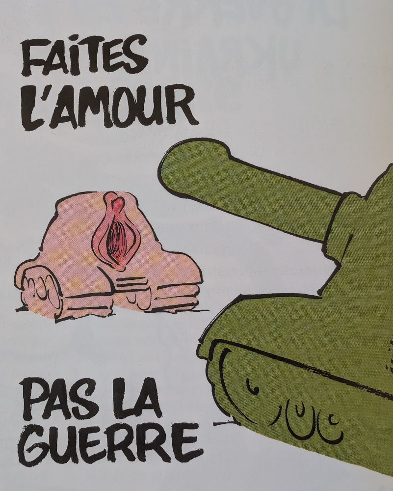 Cartoon depicting a khaki tank with a phallic gun  at the front approaching a pink tank with an open vagina in place of a gun.