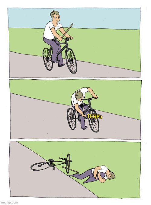 A variation on the bike fail meme. A three panel comic of a bicyclist in a white t-shirt and grey trousers on black bike. In the first panel the bicyclist rides with stick in hand. In the second panel, the bicyclist inserts the stick, labelled "TERFs", into the front wheel spokes. In the third panel, the bike and bicyclist are on the ground, with the latter holding an injured knee in evident pain.