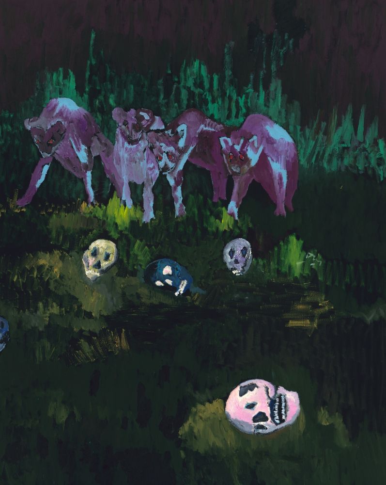 Four animals (might be dogs or big cats) in the distance looking at the viewer, with four human skulls on the grass. The lighting suggests it's a night scene