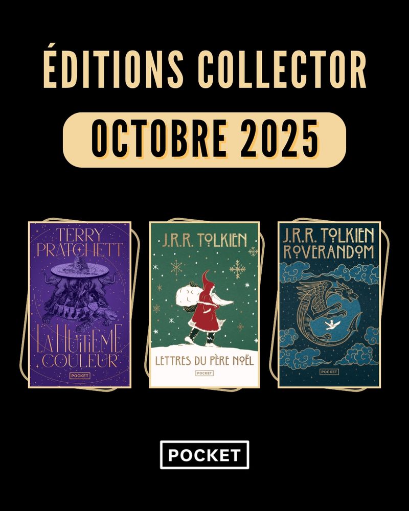 Couvertures des éditions collector de Pocket Imaginaire pour la fin d'année 2025 : La Huitième couleur de Terry Pratchett ; Lettres du Père Noël et Roverandom de J.R.R. Tolkien.
