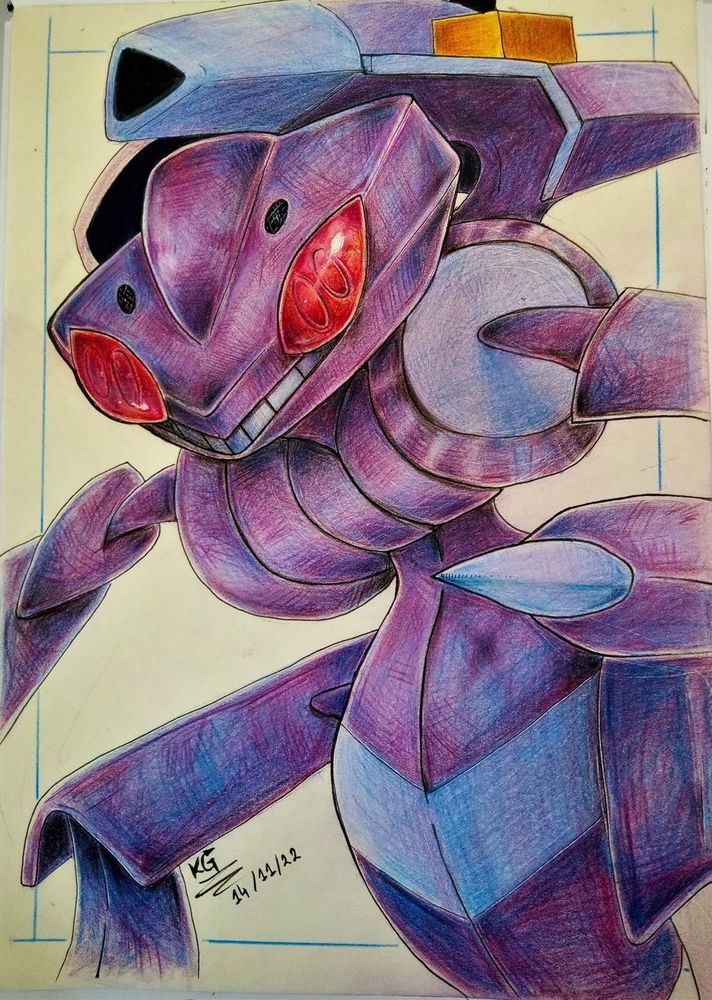 Colour pencil drawing of the Pokémon Genesect.