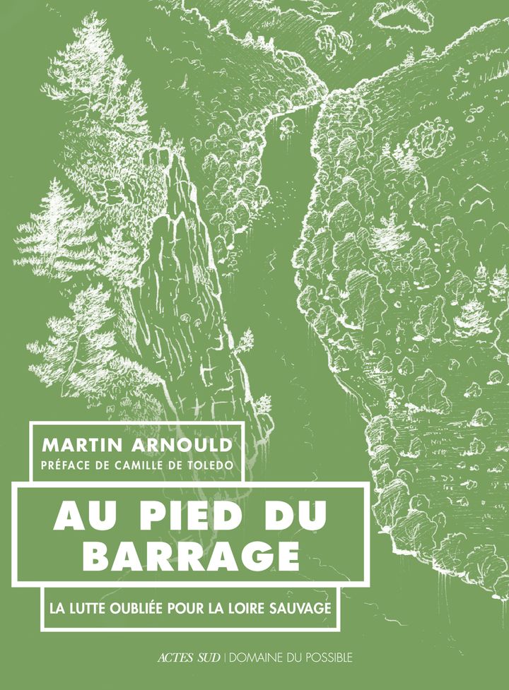 couverture du livre "au pied du barrage" avec un dessin des gorges de la Loire