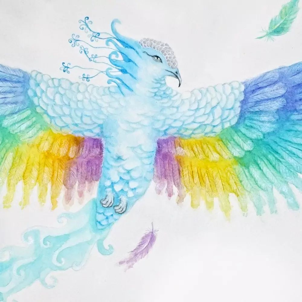 Watercolour illustration of a fantasy flying bird with rainbow coloured wings. The bird has a silver crest, long neck ruffle feathers and long blue tail.