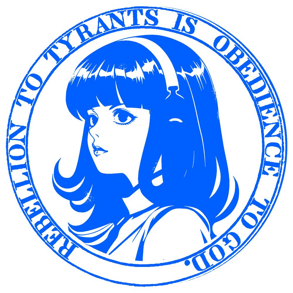 A graphic of the Nous Girl inside a circle. The graphic is blue and white. The circle has text wrapped around the edges that reads "REBELLION TO TYRANTS IS OBEDIENCE TO GOD."