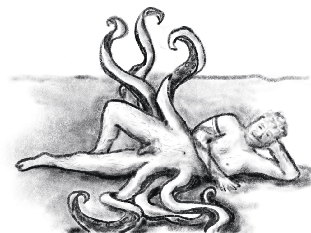 A charcoal sketch of a bearded nude man with curly hair and tentacles, reclining 