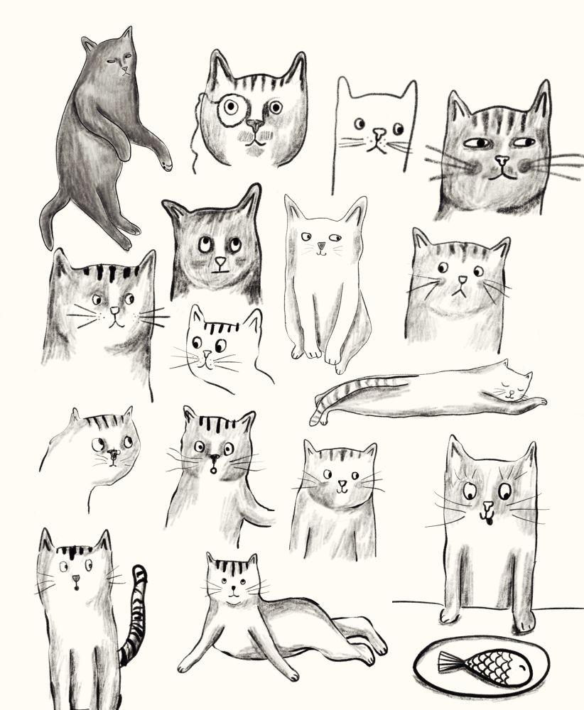 Black and white illustrations of cat characters 
