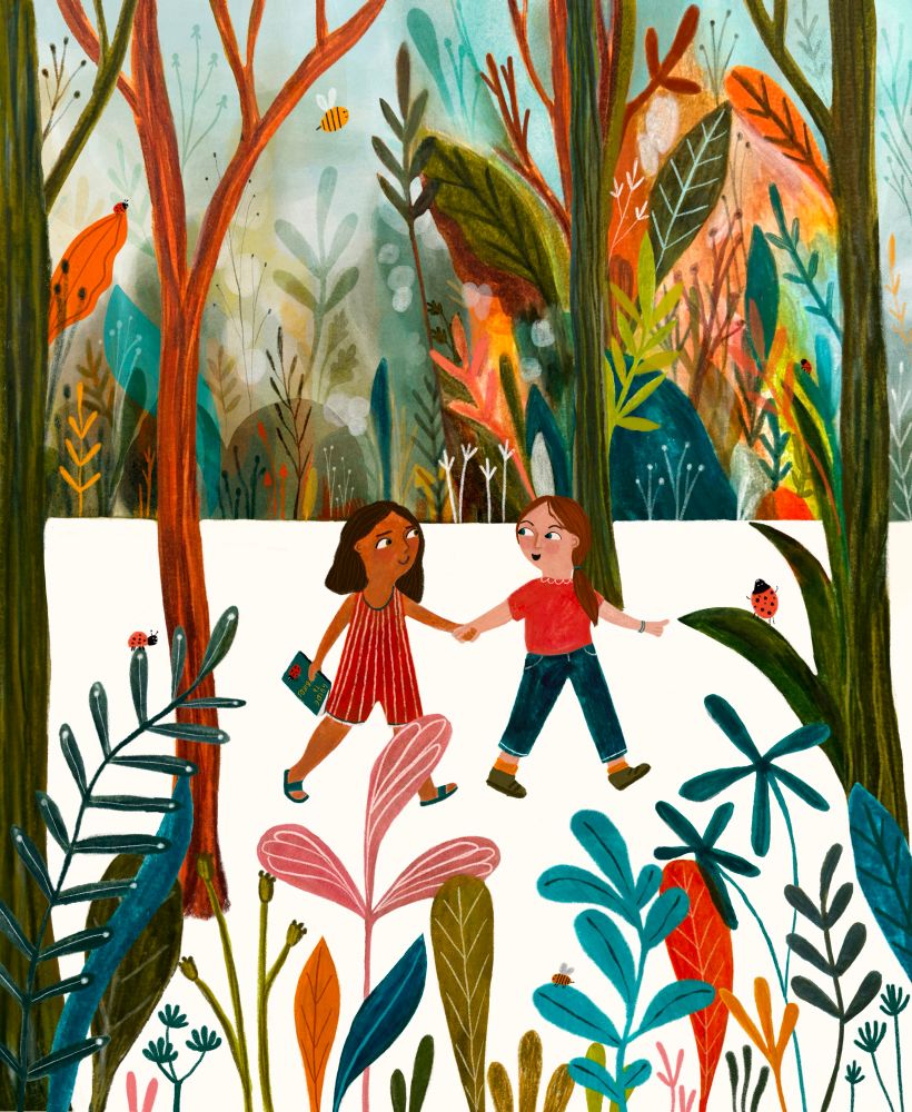 An illustration of 2 young girls walking in through the lush colourful forest to spot ladybirds 