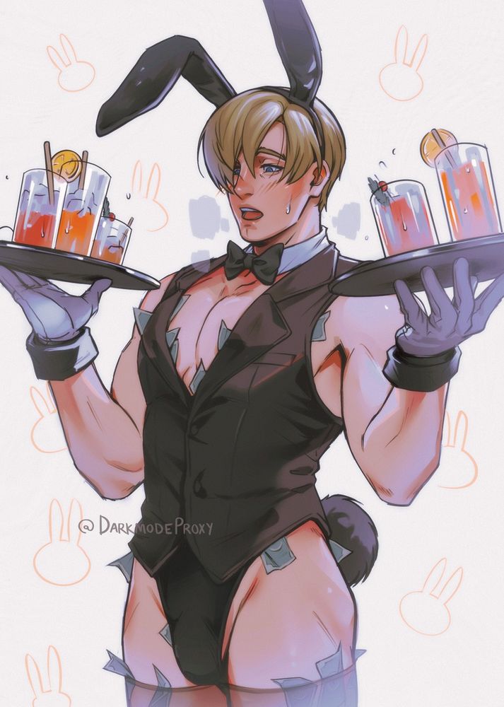 Leon Kennedy as a bunny boy holding drinks and stuffed with money :3