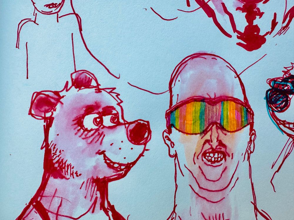 Sketchbook drawing of some people one is wearing those wraparound rainbow sunglasses 