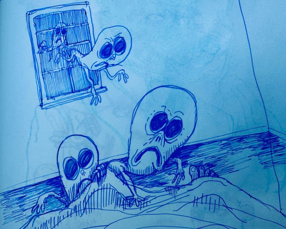 Sketchbook drawing of the aliens that visit you in your bedroom at night
