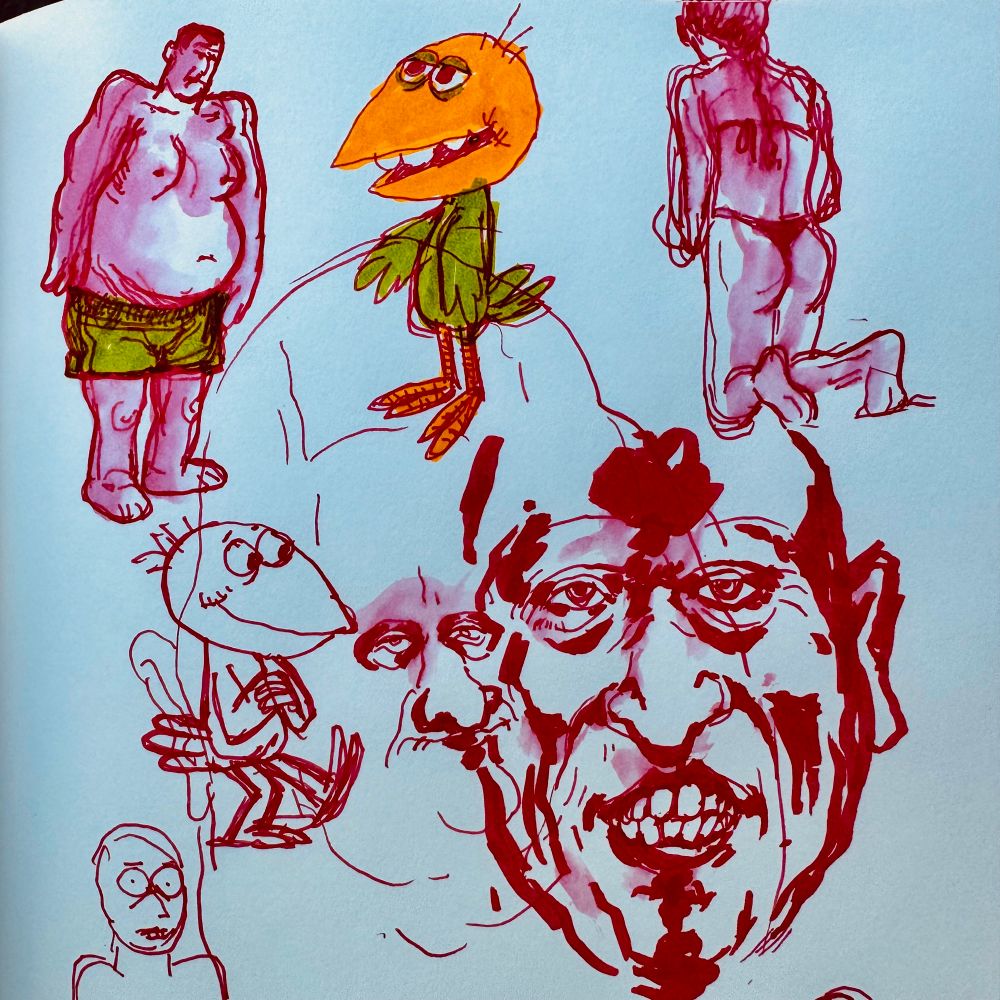 Sketchbook drawing of some beach people and imaginary people 