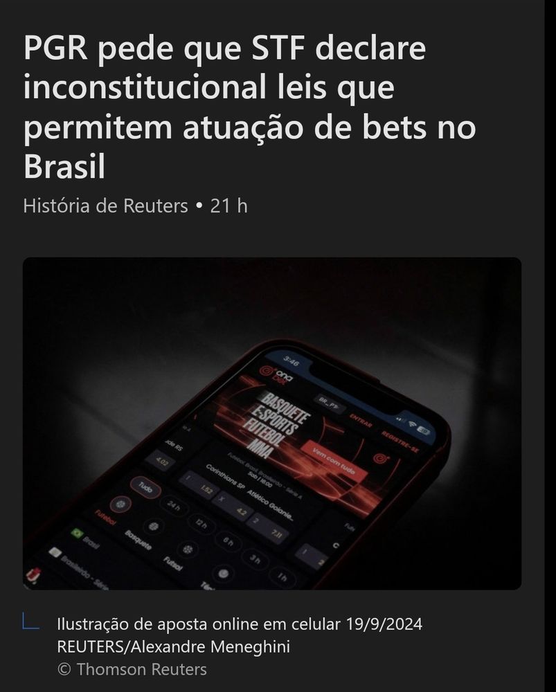 Manchete que diz: 'PGR pede que STF declare inconstitucional leis que permitem atuação de bets no Brasil'