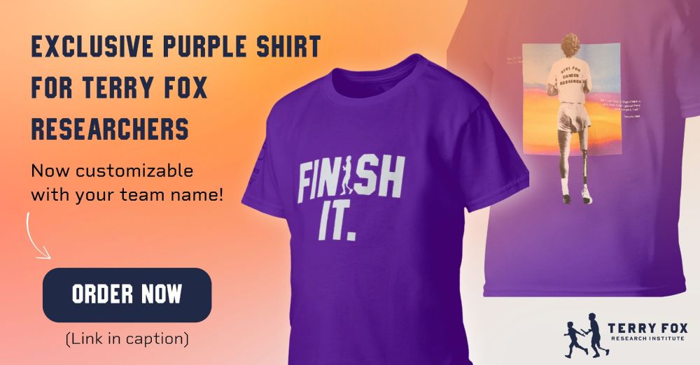 Exclusive purple shirts are now available and customizable for Terry Fox researchers. Graphic shows purple shirt with "Finish It" slogan on the front and Terry running on the back.