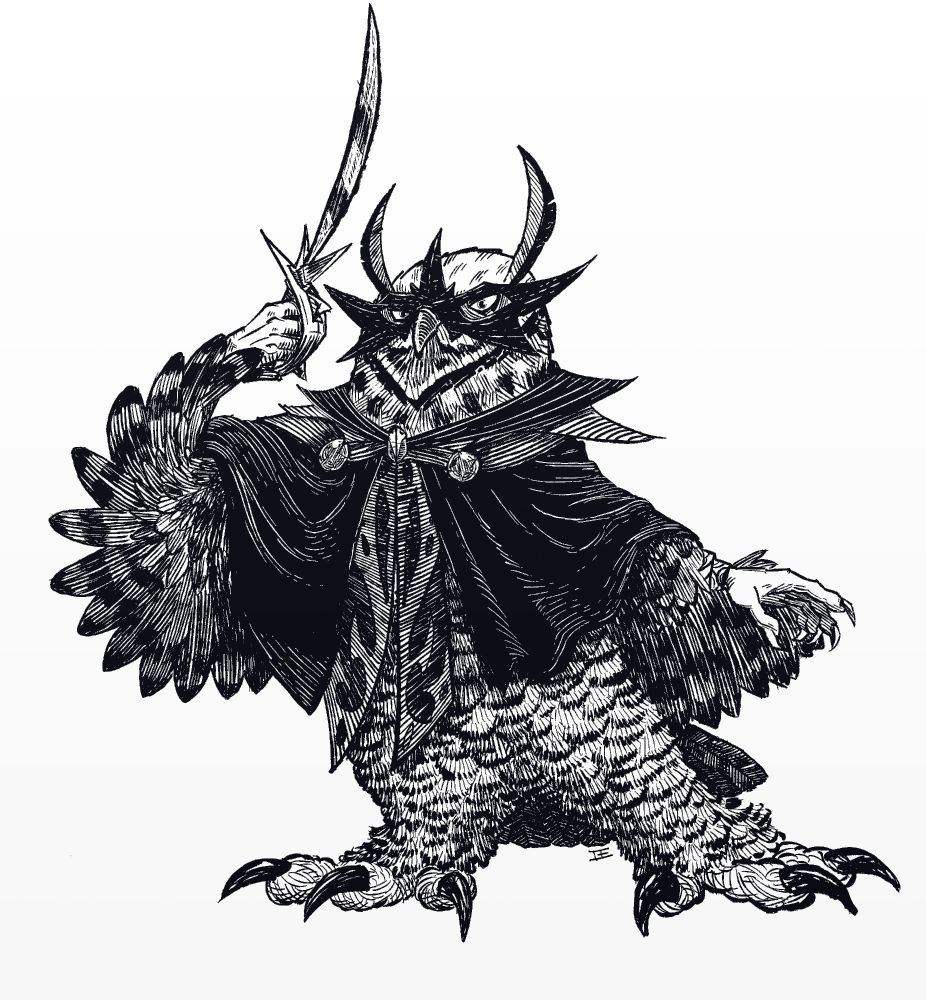 A humanoid Owl drawn in pen and ink style who wields a cutlass in front of his face as he stands ready to duel a foe, wears a devilish mask over his eyes, and a robe over his shoulders.