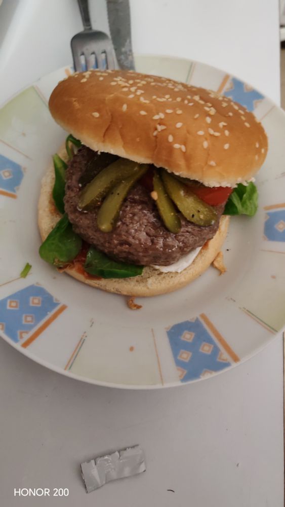 Burger maison tomate chèvre streak mâche 2 mini cornichons oignons frits