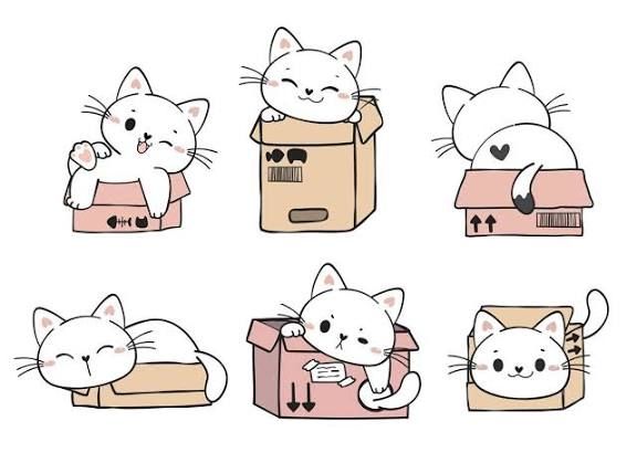 Chat plus carton = 6 petits dessins mode kawaii Hello Kitty d'un carton utilisé par chat