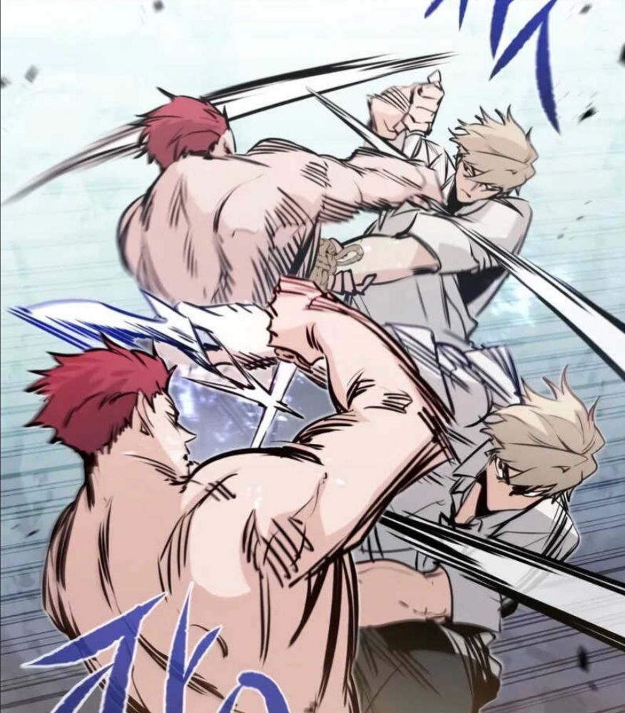 Image du duel entre le hero et un chef de mercenaires attachés par une main dans un cercle avec un poignard