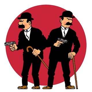 Dupond et dupont personages de la bd tintin représentés en costume noir canne chapeau melon sur un fond blanc rong rouge.
Caractérisés comme une sature d'homme blanc moustachus qui ont le professionnalisme policier des gens d'armes du 16e siecle et l'intelligence d'un teckel