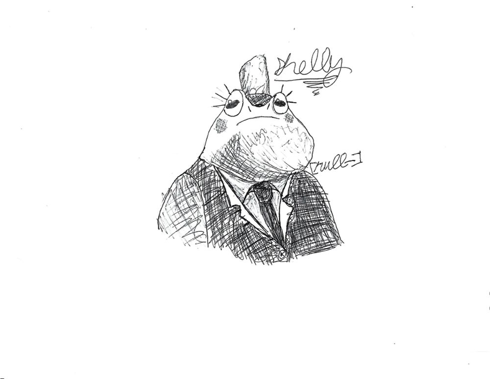 A printer scan of a pen drawing of a frog woman in a suit and a top hat